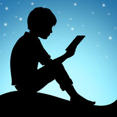 Kindle's icon is a side profile of a person reading a book. They are sitting on a simple black hill. The very background looks like a twilight night sky - a light moody blue gradient with points of white to indicate stars.